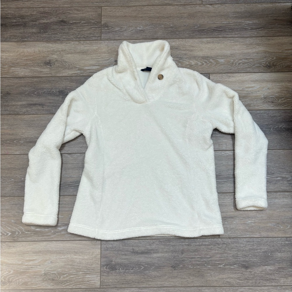 Lands End Fleece White Pullover Sz M Cozy Cabincore Loungewear
